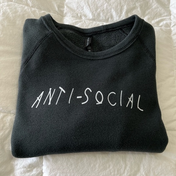 Crewneck Sweatshirt~ Size Medium “Anti-Social” Distressed Black. - Picture 8 of 8